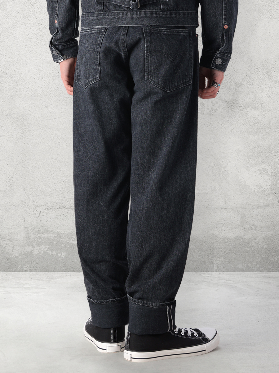 12.5oz ワイドテーパード 加工ブラックデニムパンツ FN-PA-DB003C