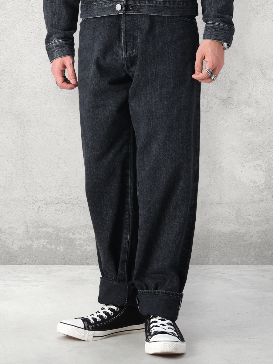 12.5oz ワイドテーパード 加工ブラックデニムパンツ FN-PA-DB003C
